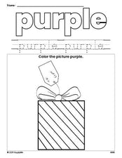 Free Christmas gift color purple coloring page and color worksheet, purple worksheet for preschoolers to learn colors, printable PDF