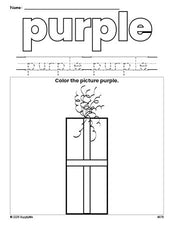 Free Christmas gift color purple coloring page and color worksheet, purple worksheet for preschoolers to learn colors, printable PDF