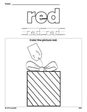 Free Christmas gift color red coloring page and color worksheet, red worksheet for preschoolers to learn colors, printable PDF