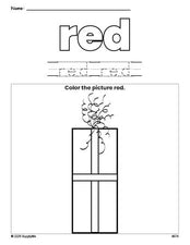 Free Christmas gift color red coloring page and color worksheet, red worksheet for preschoolers to learn colors, printable PDF