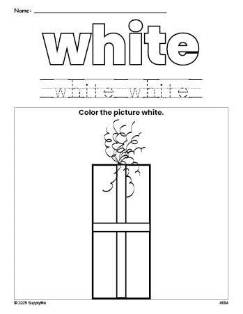 Free Christmas gift color white coloring page and color worksheet, white worksheet for preschoolers to learn colors, printable PDF