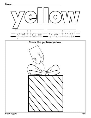 Free Christmas gift color yellow coloring page and color worksheet, yellow worksheet for preschoolers to learn colors, printable PDF