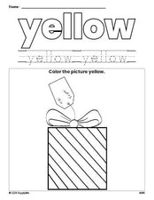 Free Christmas gift color yellow coloring page and color worksheet, yellow worksheet for preschoolers to learn colors, printable PDF