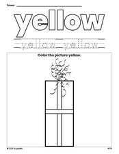 Free Christmas gift color yellow coloring page and color worksheet, yellow worksheet for preschoolers to learn colors, printable PDF