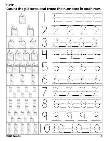 Free printable Christmas gift counting worksheet for preschool and pre-k with number tracing practice 1-10, PDF