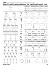 Free printable Christmas gift counting worksheet for preschool and pre-k with number tracing practice 1-10, PDF