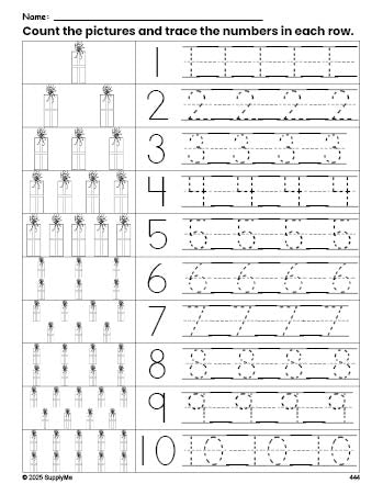 Free printable Christmas gift counting worksheet for preschool and pre-k with number tracing practice 1-10, PDF