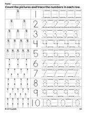 Free printable Christmas gift counting worksheet for preschool and pre-k with number tracing practice 1-10, PDF