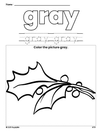 Free Christmas holly color gray coloring page and color worksheet, gray worksheet for preschoolers to learn colors, printable PDF