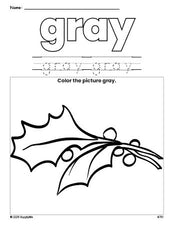 Free Christmas holly color gray coloring page and color worksheet, gray worksheet for preschoolers to learn colors, printable PDF