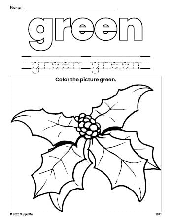 Free Christmas holly color green coloring page and color worksheet, green worksheet for preschoolers to learn colors, printable PDF