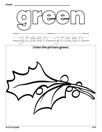 Free Christmas holly color green coloring page and color worksheet, green worksheet for preschoolers to learn colors, printable PDF