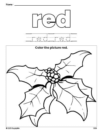 Free Christmas holly color red coloring page and color worksheet, red worksheet for preschoolers to learn colors, printable PDF