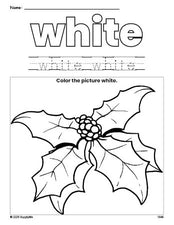 Free Christmas holly color white coloring page and color worksheet, white worksheet for preschoolers to learn colors, printable PDF