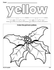 Free Christmas holly color yellow coloring page and color worksheet, yellow worksheet for preschoolers to learn colors, printable PDF