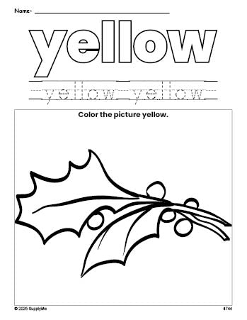 Free Christmas holly color yellow coloring page and color worksheet, yellow worksheet for preschoolers to learn colors, printable PDF