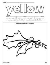 Free Christmas holly color yellow coloring page and color worksheet, yellow worksheet for preschoolers to learn colors, printable PDF