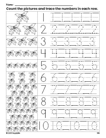 Free printable Christmas holly counting worksheet for preschool and pre-k with number tracing practice 1-10, PDF