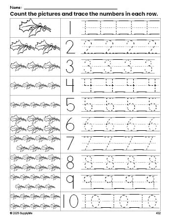 Free printable Christmas holly counting worksheet for preschool and pre-k with number tracing practice 1-10, PDF