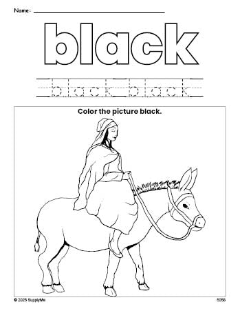 Free Christmas Mary color black coloring page and color worksheet, black worksheet for preschoolers to learn colors, printable PDF