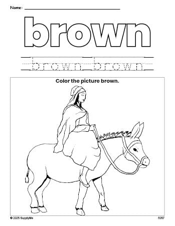 Free Christmas Mary color brown coloring page and color worksheet, brown worksheet for preschoolers to learn colors, printable PDF