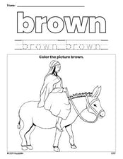 Free Christmas Mary color brown coloring page and color worksheet, brown worksheet for preschoolers to learn colors, printable PDF