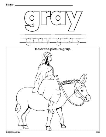 Free Christmas Mary color gray coloring page and color worksheet, gray worksheet for preschoolers to learn colors, printable PDF