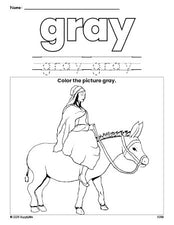 Free Christmas Mary color gray coloring page and color worksheet, gray worksheet for preschoolers to learn colors, printable PDF