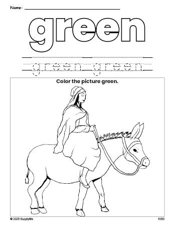 Free Christmas Mary color green coloring page and color worksheet, green worksheet for preschoolers to learn colors, printable PDF