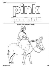 Free Christmas Mary color pink coloring page and color worksheet, pink worksheet for preschoolers to learn colors, printable PDF