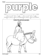 Free Christmas Mary color purple coloring page and color worksheet, purple worksheet for preschoolers to learn colors, printable PDF