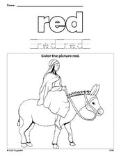 Free Christmas Mary color red coloring page and color worksheet, red worksheet for preschoolers to learn colors, printable PDF