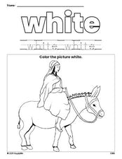 Free Christmas Mary color white coloring page and color worksheet, white worksheet for preschoolers to learn colors, printable PDF