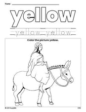 Free Christmas Mary color yellow coloring page and color worksheet, yellow worksheet for preschoolers to learn colors, printable PDF