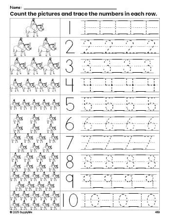 Free printable Christmas Mary counting worksheet for preschool and pre-k with number tracing practice 1-10, PDF