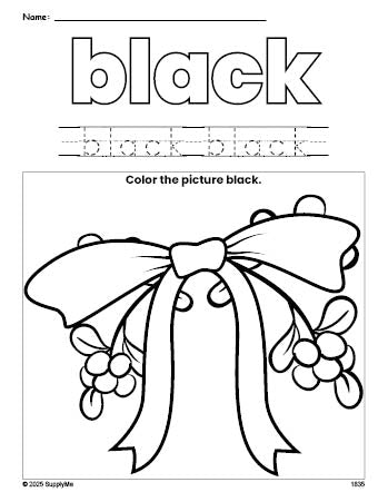 Free Christmas mistletoe color black coloring page and color worksheet, black worksheet for preschoolers to learn colors, printable PDF