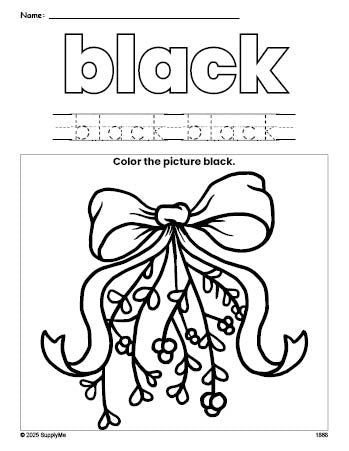 Free Christmas mistletoe color black coloring page and color worksheet, black worksheet for preschoolers to learn colors, printable PDF