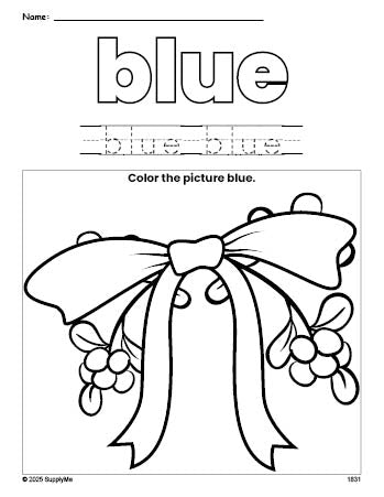 Free Christmas mistletoe color blue coloring page and color worksheet, blue worksheet for preschoolers to learn colors, printable PDF