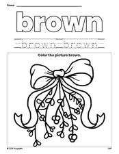 Free Christmas mistletoe color brown coloring page and color worksheet, brown worksheet for preschoolers to learn colors, printable PDF