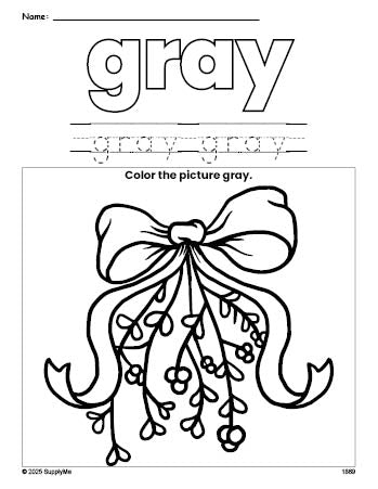 Free Christmas mistletoe color gray coloring page and color worksheet, gray worksheet for preschoolers to learn colors, printable PDF