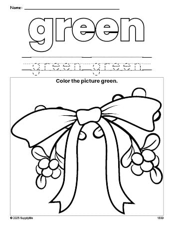 Free Christmas mistletoe color green coloring page and color worksheet, green worksheet for preschoolers to learn colors, printable PDF