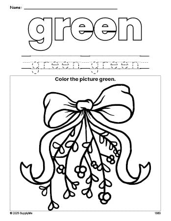 Free Christmas mistletoe color green coloring page and color worksheet, green worksheet for preschoolers to learn colors, printable PDF