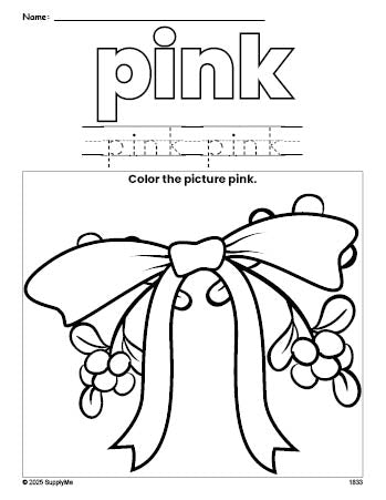 Free Christmas mistletoe color pink coloring page and color worksheet, pink worksheet for preschoolers to learn colors, printable PDF