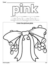 Free Christmas mistletoe color pink coloring page and color worksheet, pink worksheet for preschoolers to learn colors, printable PDF