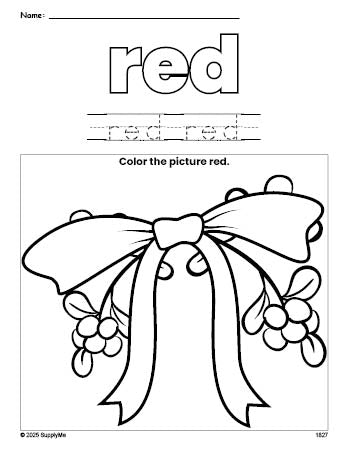 Free Christmas mistletoe color red coloring page and color worksheet, red worksheet for preschoolers to learn colors, printable PDF