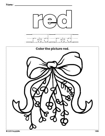 Free Christmas mistletoe color red coloring page and color worksheet, red worksheet for preschoolers to learn colors, printable PDF