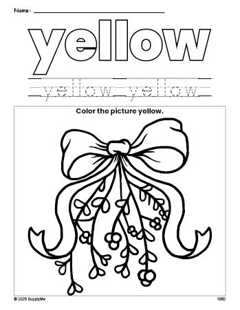 Free Christmas mistletoe color yellow coloring page and color worksheet, yellow worksheet for preschoolers to learn colors, printable PDF