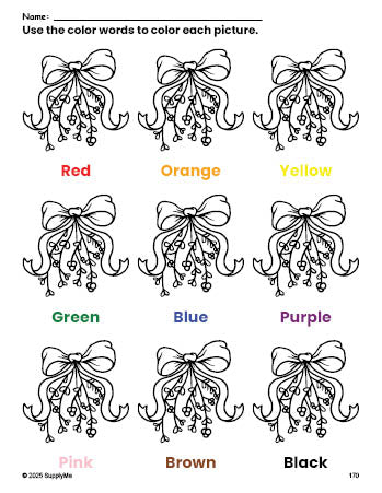 Free Christmas mistletoe coloring page and color worksheet for preschoolers to learn colors, printable PDF