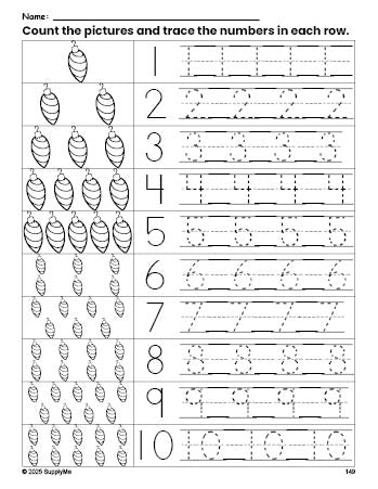 Free printable Christmas ornament counting worksheet for preschool and pre-k with number tracing practice 1-10, PDF