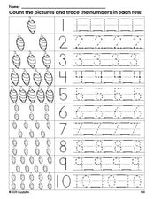 Free printable Christmas ornament counting worksheet for preschool and pre-k with number tracing practice 1-10, PDF